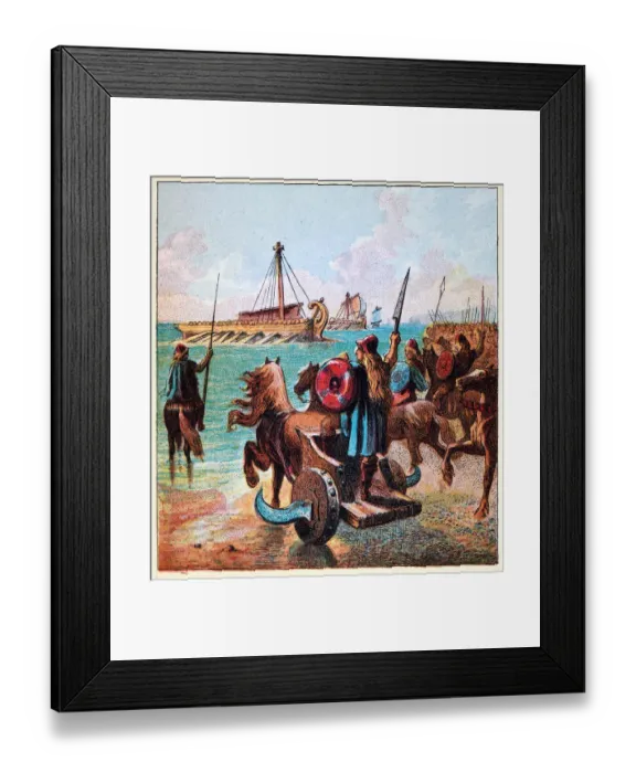 Framed Print : Ancient British warriors waiting to fight the Roman army on the beaches, Roman conquest of Britain Framed Print : Ancient British warriors waiting to fight the Roman army on the beaches, Roman conquest of Britain