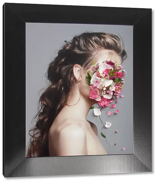 Collage with female portrait and flowers