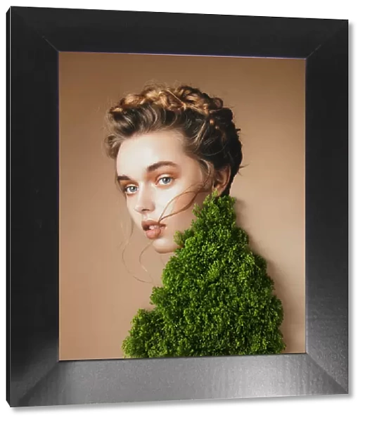 Collage with female portrait and green plant