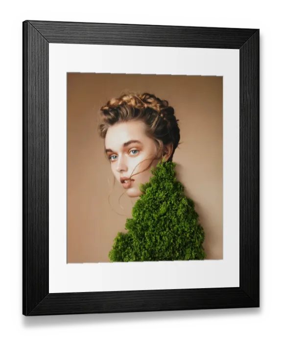 Framed Print : Collage with female portrait and green plant Framed Print : Collage with female portrait and green plant