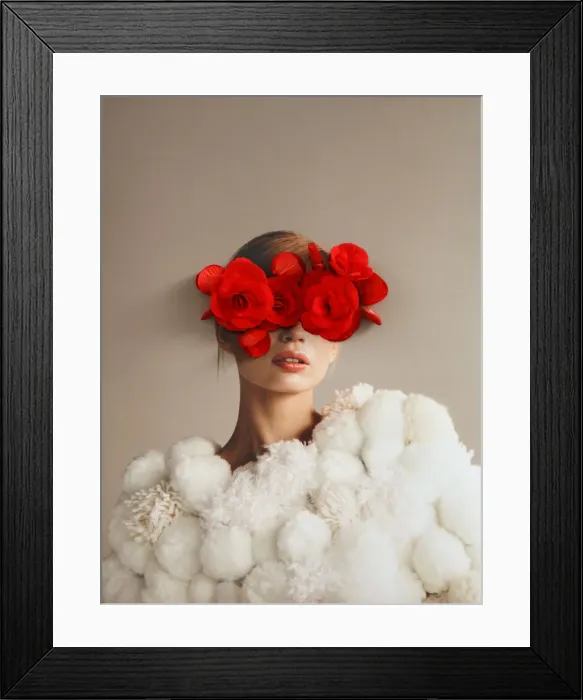 Framed Print : Collage with female portrait and red flowers Framed Print : Collage with female portrait and red flowers