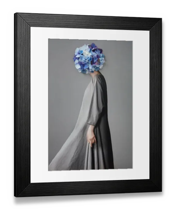 Framed Print : Collage with female portrait and blue flowers Framed Print : Collage with female portrait and blue flowers