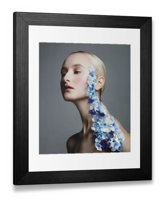 Framed Print : Collage with female portrait and blue flowers Framed Print : Collage with female portrait and blue flowers