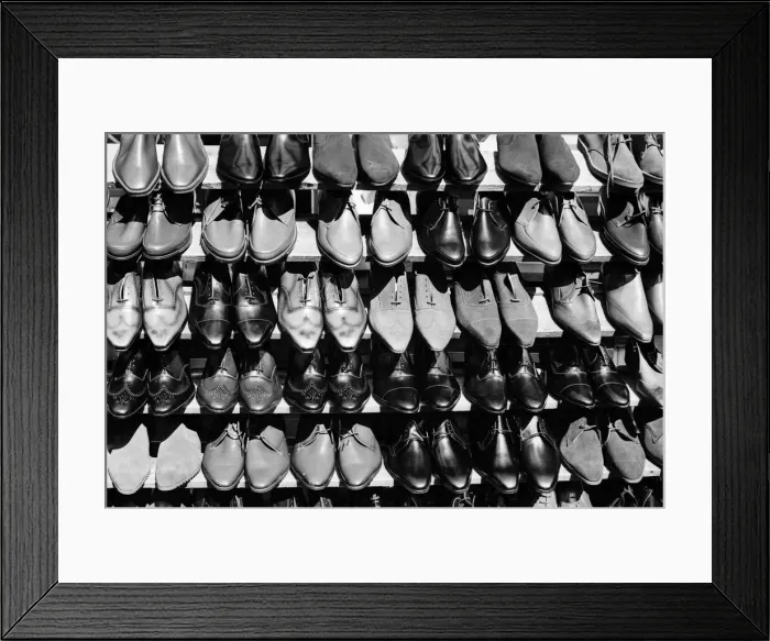 Framed Print : Shoe Shop. 22nd October 1963: A stall selling shoes in Londons Petticoat Lane Market Framed Print : Shoe Shop. 22nd October 1963: A stall selling shoes in Londons Petticoat Lane Market