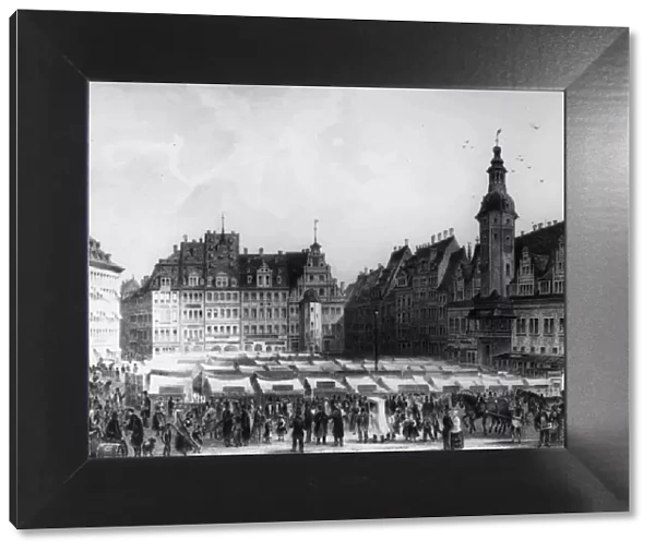 Leipzig. circa 1860: A crowded marketplace in Leipzig, east central Germany
