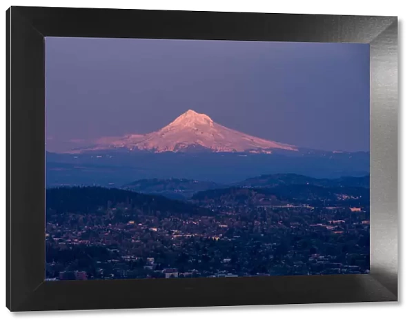 Mount Hood with downtown Portland at dusk