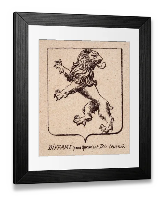 Framed Print : Escutcheon, or heraldic shield, Lions rampant without tail head turned, Diffame (sans queue) et Tete tournee, Heraldry Framed Print : Escutcheon, or heraldic shield, Lions rampant without tail head turned, Diffame (sans queue) et Tete tournee, Heraldry