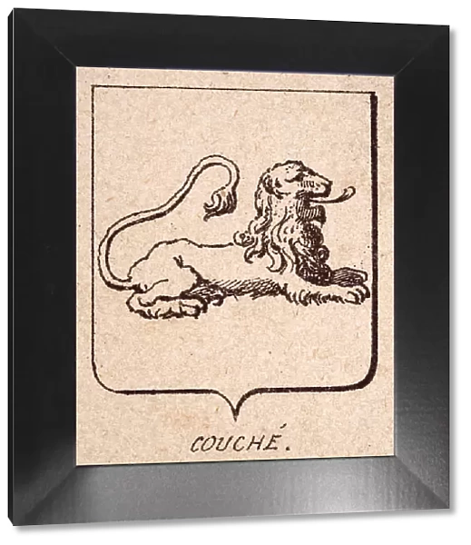 Vintage illustration, Escutcheon, or heraldic shield, Lions couchant, couche, Heraldry