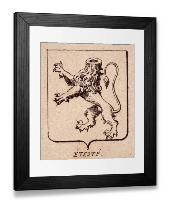 Framed Print : Vintage illustration, Escutcheon, or heraldic shield, Lions rampant decapitated, Eteste, Heraldry Framed Print : Vintage illustration, Escutcheon, or heraldic shield, Lions rampant decapitated, Eteste, Heraldry