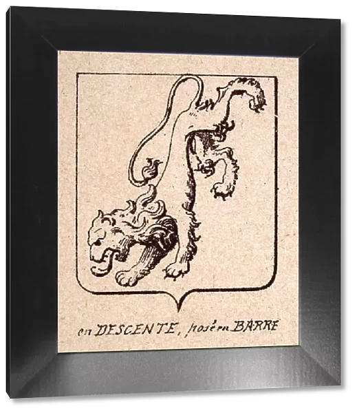 Vintage illustration, Escutcheon, or heraldic shield, Lions rampant pointing down, en descente, pose en Barre, Heraldry