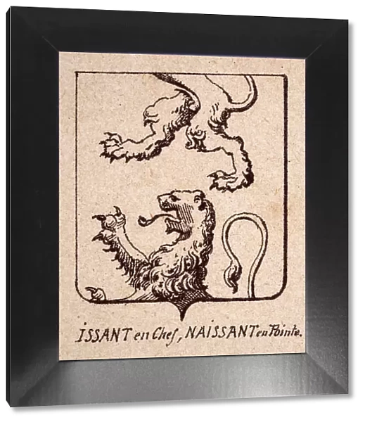 Vintage illustration, Escutcheon, or heraldic shield, Lions rampant, Issant en Chef, Naissant eu Pointe, Heraldry