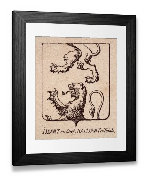 Framed Print : Vintage illustration, Escutcheon, or heraldic shield, Lions rampant, Issant en Chef, Naissant eu Pointe, Heraldry Framed Print : Vintage illustration, Escutcheon, or heraldic shield, Lions rampant, Issant en Chef, Naissant eu Pointe, Heraldry
