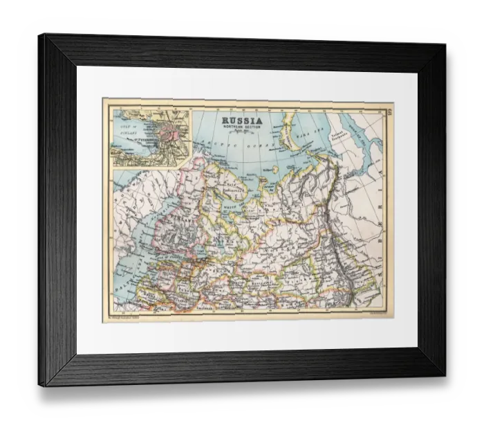 Framed Print : Antique map of Northern Russia with detail of St Petersburg in 1890s, Victorian 19th Century Framed Print : Antique map of Northern Russia with detail of St Petersburg in 1890s, Victorian 19th Century