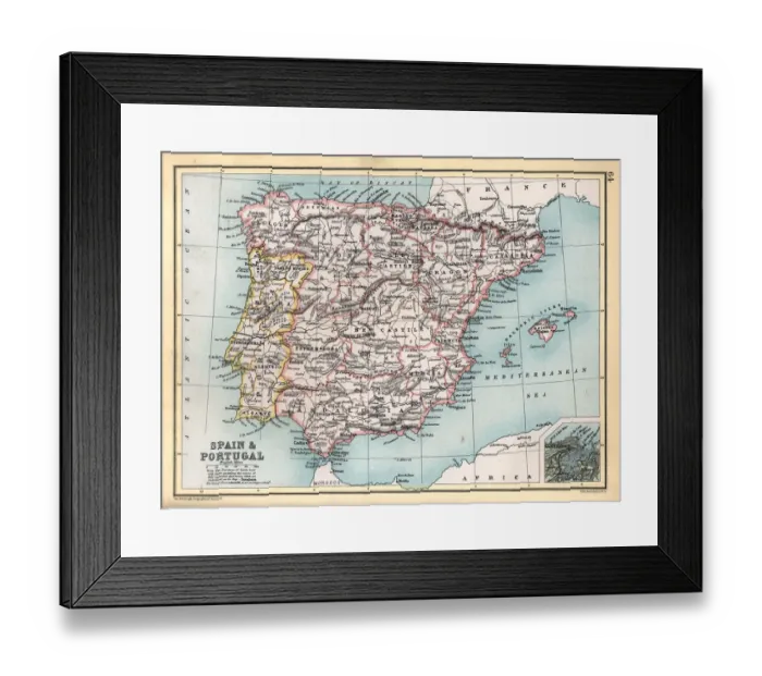 Framed Print : Antique map of Spain and Portugal with detail of Santander, Victorian 19th Century Framed Print : Antique map of Spain and Portugal with detail of Santander, Victorian 19th Century