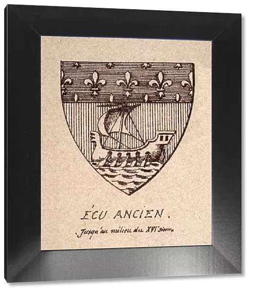 Escutcheon, or heraldic shield, 16th Century French coat of arms, fleur de lis and ship