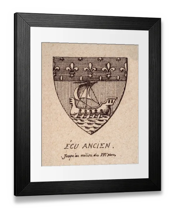 Framed Print : Escutcheon, or heraldic shield, 16th Century French coat of arms, fleur de lis and ship Framed Print : Escutcheon, or heraldic shield, 16th Century French coat of arms, fleur de lis and ship