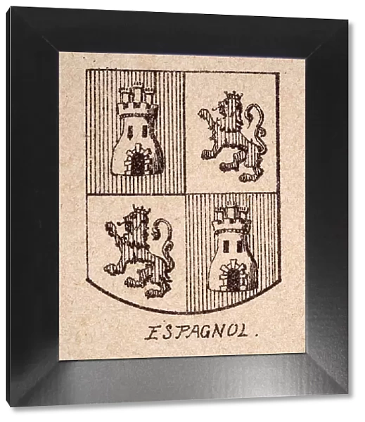 Escutcheon, or heraldic shield, 16th Century Spanish coat of arms, Quartered, Castle and lion