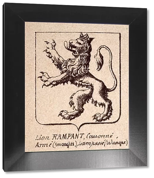 Escutcheon, or heraldic shield, feature the Lion Rampant wearing crown, Heraldry