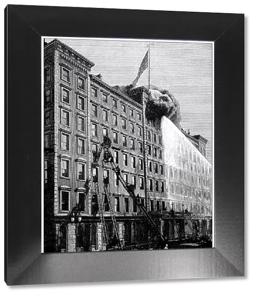 Antique illustration: Hotel Windsor on fire, New York
