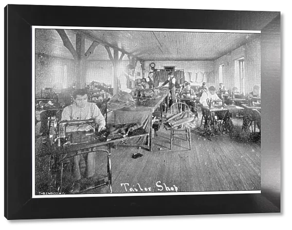 Antique photograph from Lawrence, Kansas, in 1898: Haskell Institute, Tailor Shop