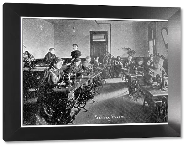 Antique photograph from Lawrence, Kansas, in 1898: Haskell Institute, Sewing Room