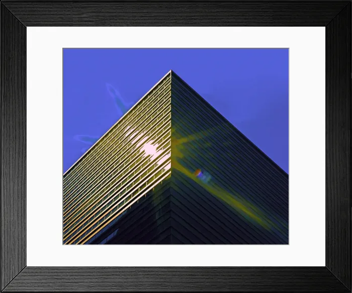 Framed Print : A color photograph of the sun reflected off the corner of a commercial skyscraper in downtown Seattle, Washington with a resulting lens flare. This photo was taken on June 20, 2021 Framed Print : A color photograph of the sun reflected off the corner of a commercial skyscraper in downtown Seattle, Washington with a resulting lens flare. This photo was taken on June 20, 2021