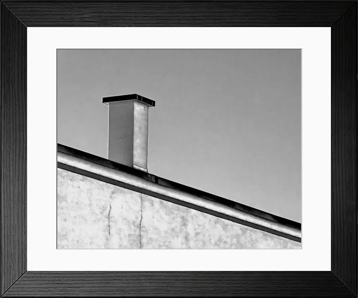 Framed Print : Stack. A black and white photo of a chimney on a commercial building in southeast Portland