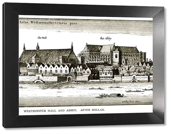 Seventeenth century view over the River Thames to Parliament House, Westminster Hall and Westminster Abbey