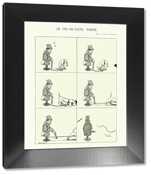 Spinning top man walking his dog, Vintage French cartoon