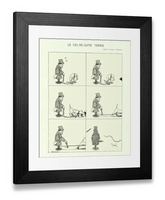 Framed Print : Spinning top man walking his dog, Vintage French cartoon