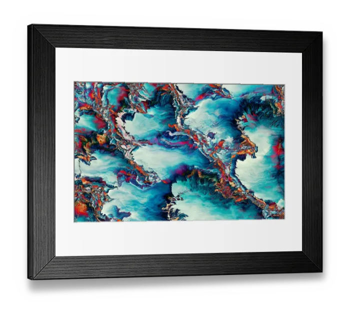 Framed Print : Abstract Distorted Blue Red Fractal Wavy Glitch Texture Colorful Background. Geometric Futuristic