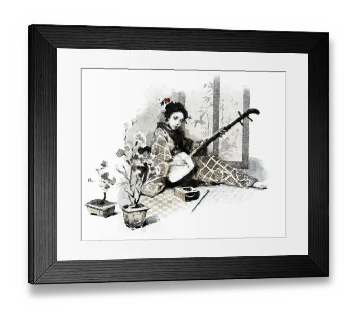 Framed Print : Antique dotprinted watercolor illustration of Japan: Woman with Shamisen guitar Framed Print : Antique dotprinted watercolor illustration of Japan: Woman with Shamisen guitar