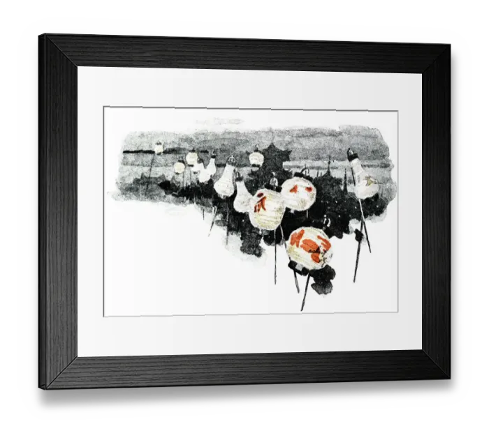 Framed Print : Antique dotprinted watercolor illustration of Japan: Lanterns Framed Print : Antique dotprinted watercolor illustration of Japan: Lanterns