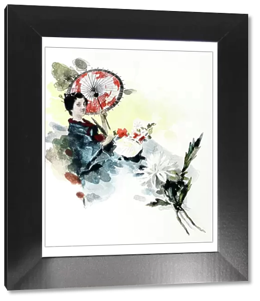 Antique dotprinted watercolor illustration of Japan: Woman with umbrella