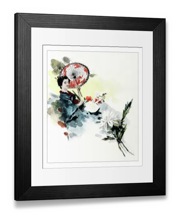 Framed Print : Antique dotprinted watercolor illustration of Japan: Woman with umbrella