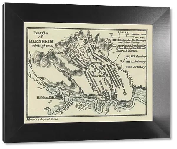Old engraved map of Battle of Blenheim (13. 08. 1704) - major battle of the War of the Spanish Succession