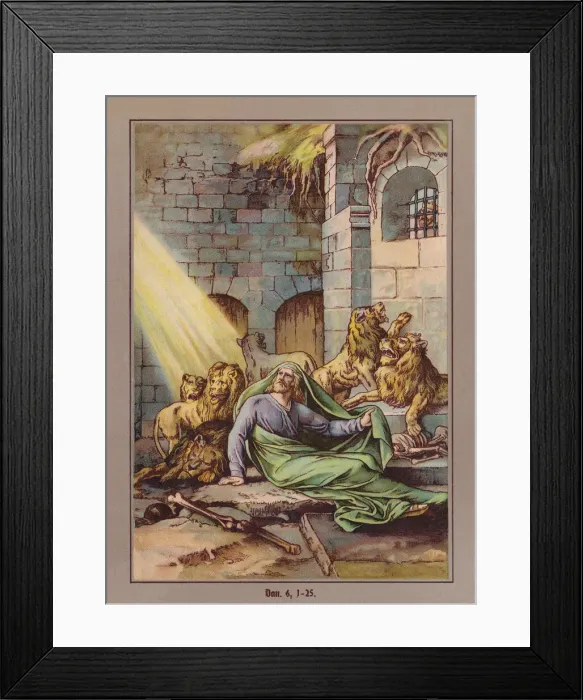 Framed Print : Daniel in the lions den, chromolithograph, published ca. 1880 Framed Print : Daniel in the lions den, chromolithograph, published ca. 1880
