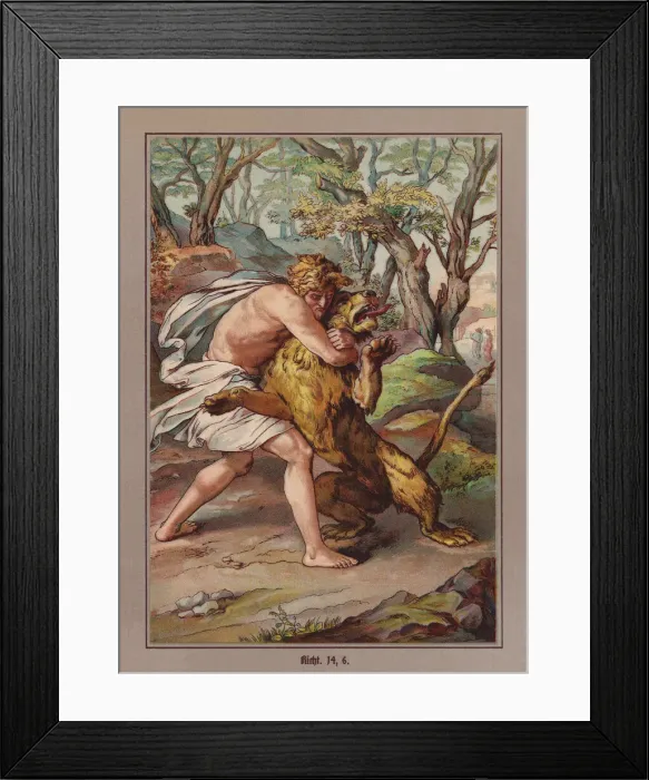 Framed Print : Samsons fight with the lion, chromolithograph, published in 1900 Framed Print : Samsons fight with the lion, chromolithograph, published in 1900