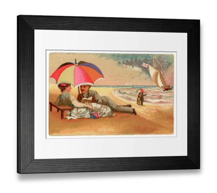 Framed Print : chromolithograph of Victorian couple reading on a beach Framed Print : chromolithograph of Victorian couple reading on a beach