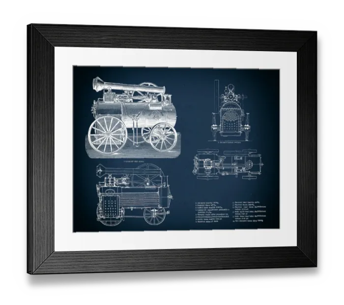 Framed Print : Vintage train blueprint