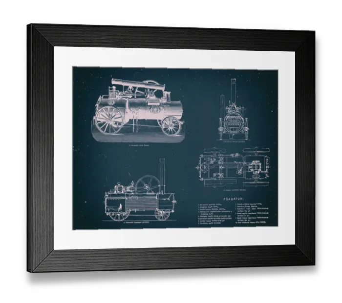 Framed Print : Vintage train blueprint