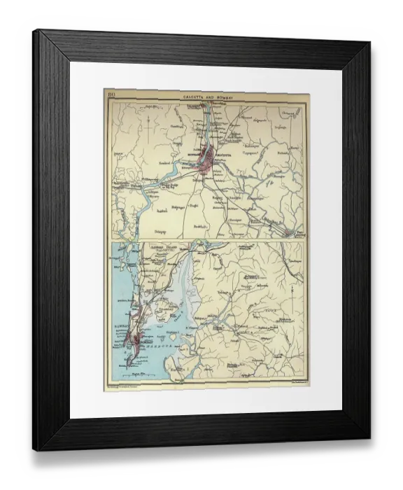 Framed Print : Old Antique map of Calcutta and Bombay, India, 1890s, Victorian 19th Century Indian history