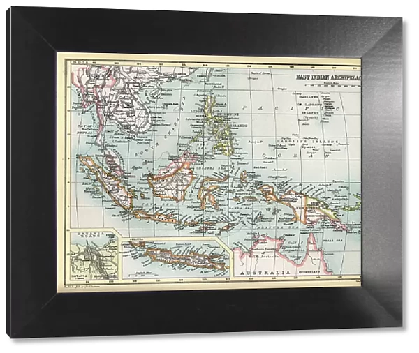 Old Antique map East indian Archipelago, Indonesia, Siam, Java, Batavia, Philippines, Papua New Guinea, 1890s, Victorian 19th Century history