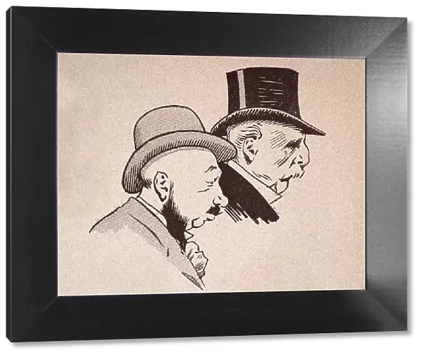 Character sketch of two mature men wearing hats, top hat, bowler, French 1890s, 19th Century