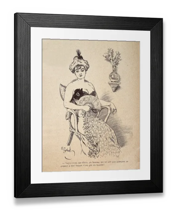 Framed Print : Caricature of beautiful woman holding fan in a low cut dress, 1890s 19th Century Framed Print : Caricature of beautiful woman holding fan in a low cut dress, 1890s 19th Century