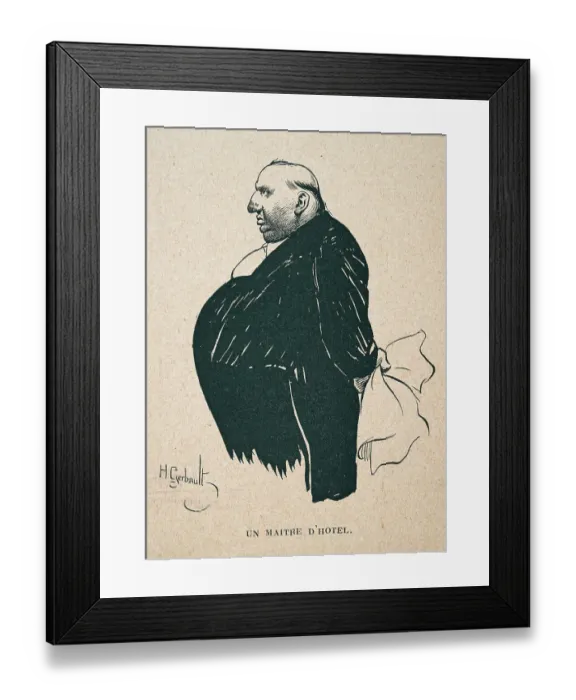 Framed Print : Caricature of overweight man with a large nose, Un maitre d'hotel, French 1890s Framed Print : Caricature of overweight man with a large nose, Un maitre d'hotel, French 1890s