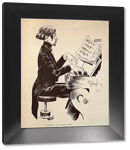 Caricature of Young man, Pianist playing the piano, French, 1890s