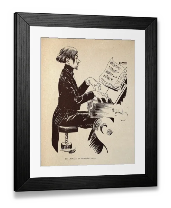 Framed Print : Caricature of Young man, Pianist playing the piano, French, 1890s Framed Print : Caricature of Young man, Pianist playing the piano, French, 1890s