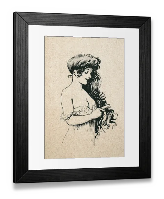 Framed Print : Sketch beautiful young woman combing her long hair, Belle Epoque period, French 1890s Framed Print : Sketch beautiful young woman combing her long hair, Belle Epoque period, French 1890s