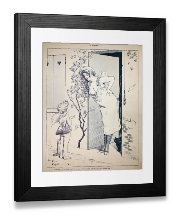 Framed Print : Vintage French cartoon, beautiful young opening her door to cupid, love, 19th Century Framed Print : Vintage French cartoon, beautiful young opening her door to cupid, love, 19th Century